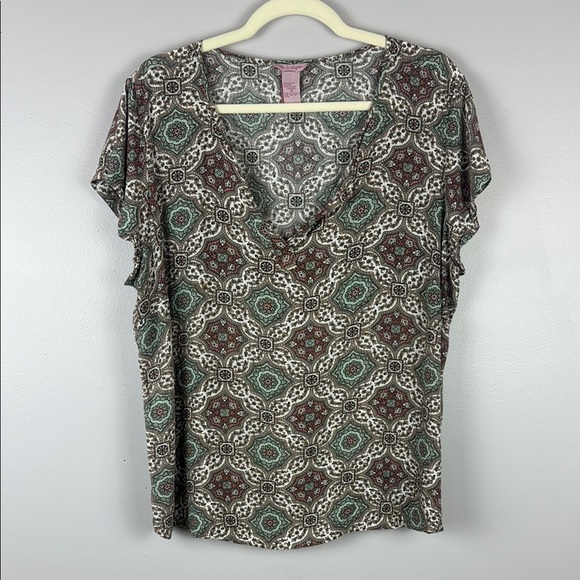 Rose & Rhyme Cream and Brown Patterned Relaxed Cap Sleeve Blouse Size 1X - Picture 2 of 9